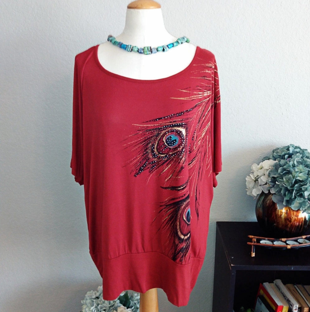 B.L.E.U Woman orange & peacock feathers top sz 2X
